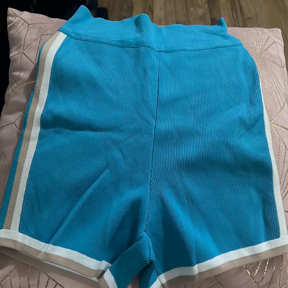 Blue, white, and cream high rise biker shorts